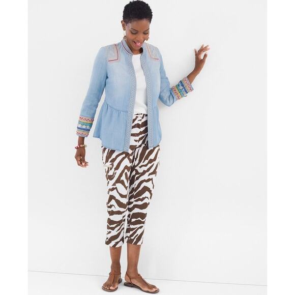 CHICO'S Chambray Jacket Sz 0 (US Small/4) Embroidered Beaded Coin Open Front EUC - Picture 3 of 12